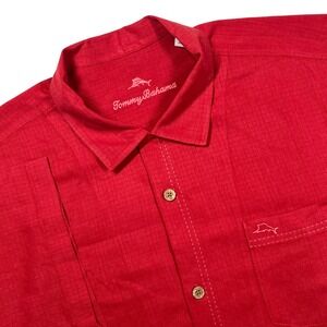 Tommy Bahama Button Up Mens L Red Silk Blend IslandZone Dobby Short Sleeve Shirt
